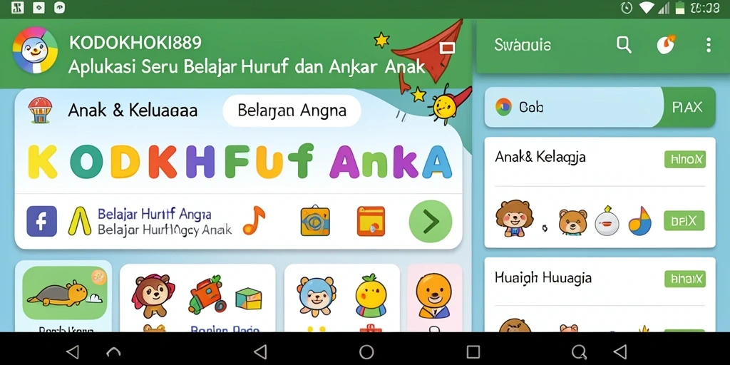 Antarmuka KODOKHOKI889 yang ceria dan interaktif untuk belajar huruf dan angka.