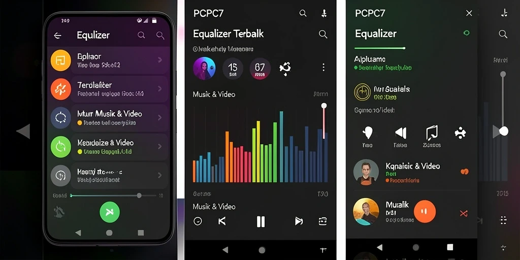 Antarmuka pengguna aplikasi Equalizer PCPC7 dengan pengaturan audio.